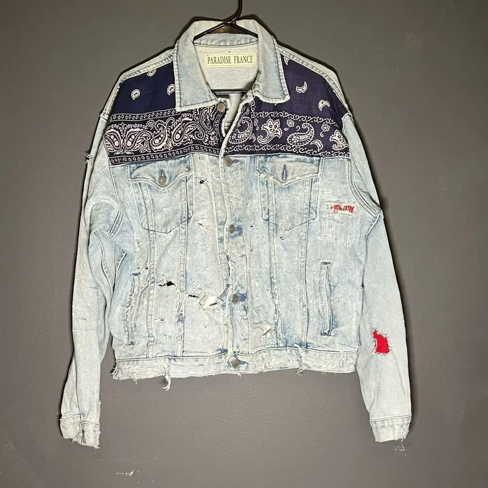 Vintage Paradise France Handmade Distressed Denim Jacket With Vintage Bandana Pa - Picture 1 of 9